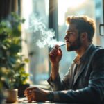 Erreurs à éviter quand on utilise une cigarette électronique au travail Employé de bureau tenant discrètement une cigarette électronique près d'une fenêtre ouverte, lumière douce du matin traversant la pièce, décor de bureau urbain, expression naturelle et détendue.