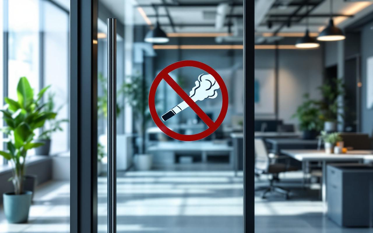 Panneau « interdit de vapoter » apposé sur une porte vitrée d'un bureau moderne, verre réfléchissant, bureaux épurés et plantes en arrière‑plan, éclairage matinal volumétrique doux et ombres réalistes.