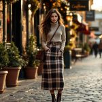 personne-debout-sur-un-trottoir-en-paves-devant-un-cafe-portant-une-jupe-crayon-a-carreaux-tartan-pull-col-roule-ajuste-et-bottines-en-cuir-textures-du-tissu-et-du-cuir-visibles-lumiere-douce