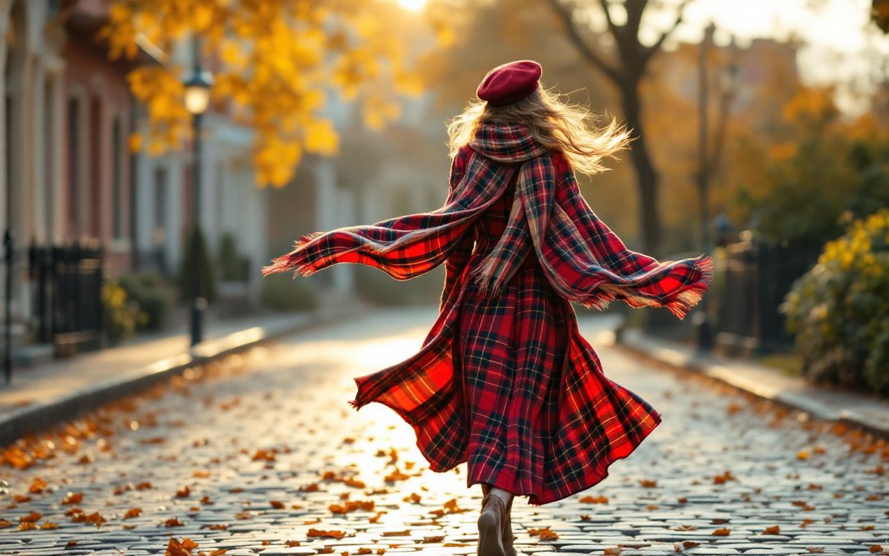 Personne en robe tartan flottante capturée en mouvement, portant une écharpe à carreaux et un béret, marchant sur une rue pavée bordée d'arbres aux teintes automnales, éclairage doux du soir et ambiance tranquille.