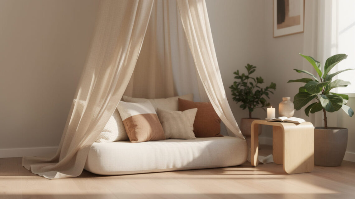 Créer un coin cocon avec un tissu pour ciel de toit dans la chambre ou le salon