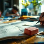 un-cahier-ouvert-pose-sur-un-bureau-en-bois-une-gomme-usee-au-premier-plan-et-un-etudiant-frustre-en-arriere-plan-feuilles-froissees-et-stylos-eparpilles-lumiere-douce-de-fin-dapres-midi-crea