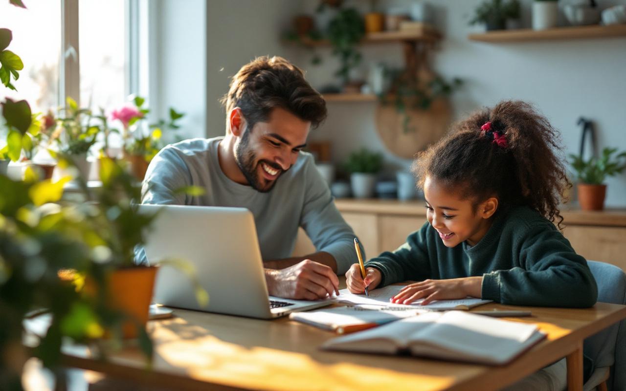 Tuteur souriant aide un enfant &agrave; faire ses devoirs &agrave; une table en bois, cahiers et crayons ouverts, plante et &eacute;tag&egrave;res en arri&egrave;re-plan, lumi&egrave;re naturelle douce cr&eacute;ant une ambiance chaleureuse et studieuse.