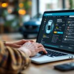Un acheteur compare attentivement des annonces de voitures sur un ordinateur portable, avec une voiture d’occasion floue en arrière-plan dans un bureau lumineux.