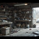 Garage encombré avec une batterie de voiture usée posée près d’outils sur un établi, ambiance réaliste de débarras domestique.