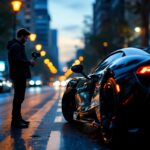 Influenceur automobile masculin devant une supercar dans un décor urbain de luxe, ambiance éditoriale avec smartphone et lumière de fin de journée.