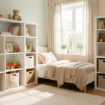 Aménagement chambre enfant : 8 éléments à prévoir pour une pièce vraiment fonctionnelle Chambre d’enfant lumineuse, mobilier harmonieux et rangements pratiques, ambiance douce et fonctionnelle avec lumière naturelle et couleurs pastel.