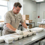 Un livreur prépare soigneusement des caisses alimentaires isothermes dans un espace logistique propre et lumineux.