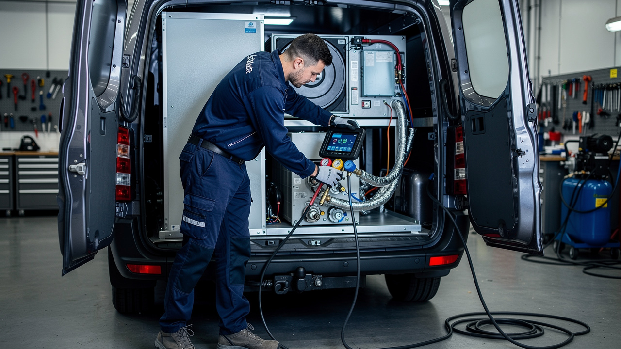 Technicien automobile contrôlant le groupe frigorifique et le thermorégulateur d’un utilitaire professionnel dans un atelier.