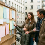 Une famille consulte un panneau d’information municipal présentant plusieurs documents vierges dans un quartier urbain français.