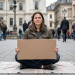 Une femme assise calmement sur une couverture dans un espace public, tenant une pancarte vierge, dans une ambiance documentaire sobre évoquant une grève de la faim pacifique.