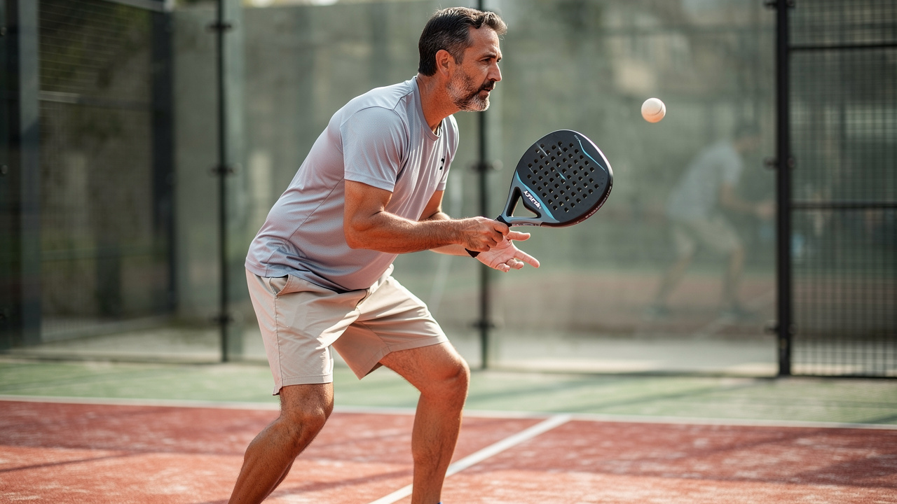 Un homme débutant au padel se prépare à effectuer un service à la cuillère, sa raquette perforée bien visible devant une vitre et un grillage.