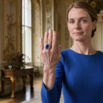 Comment décrypter les bijoux les plus emblématiques de Kate Middleton ? Portrait éditorial d’une princesse britannique en robe bleu roi, portant une bague ornée d’un saphir ovale entouré de diamants dans un palais londonien éclairé par la lumière naturelle.